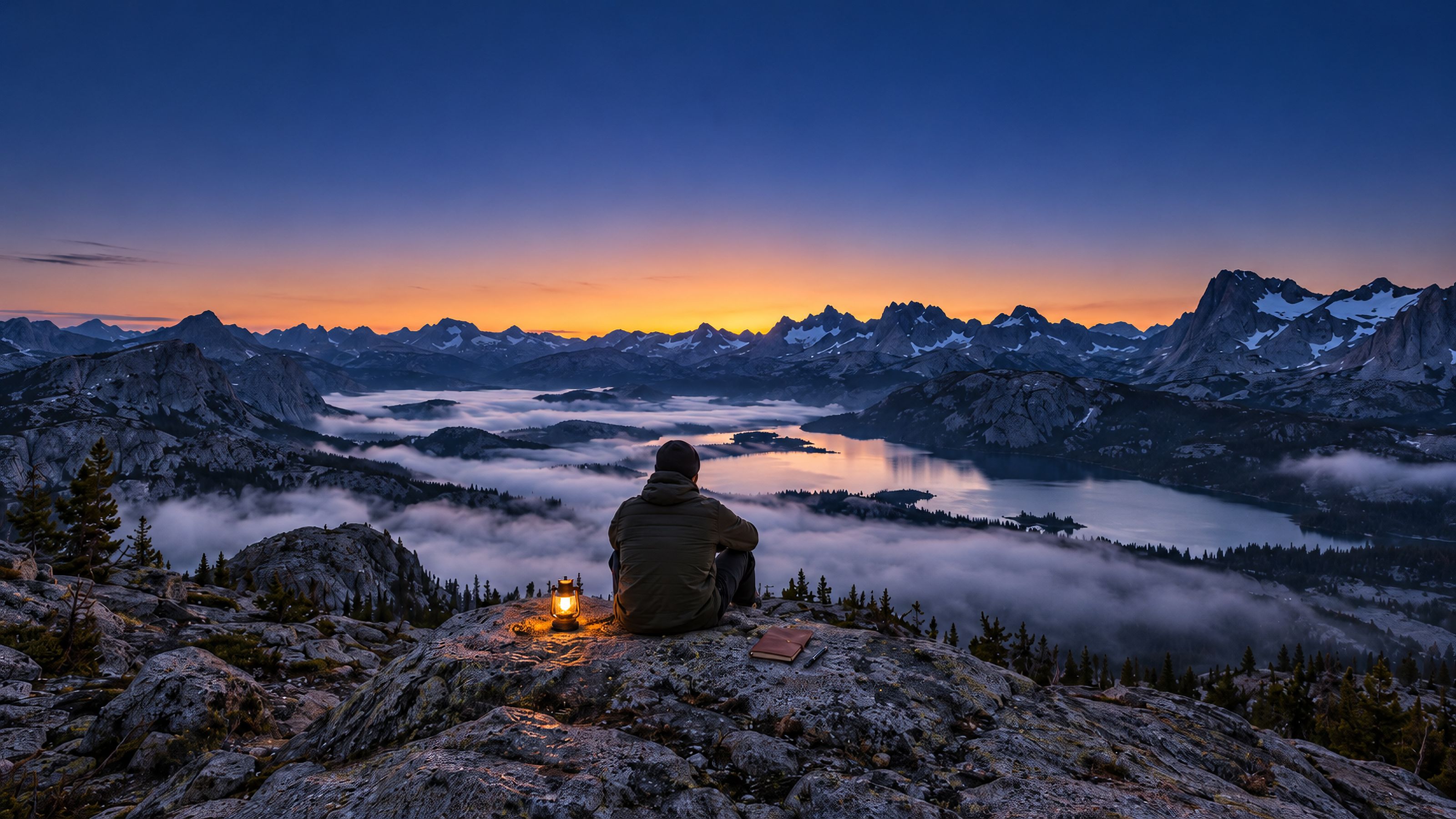 A person seated on a granite outcrop before dawn, a lantern lit beside them, fog over a mountain lake below.